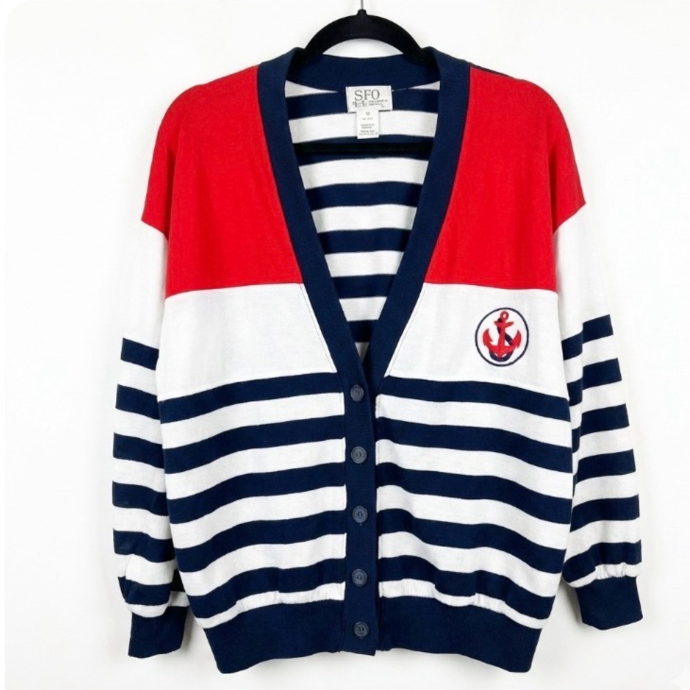 Vintage SFO San Francisco Originals Nautical Striped Cardigan Anchor Patch M